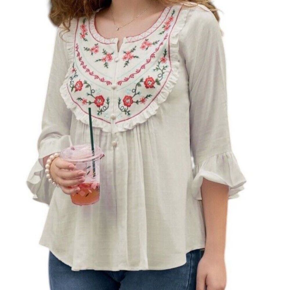 LILY & LALI top Women Large White Tunic Embroidered Boho Cottage Bohemian Flower